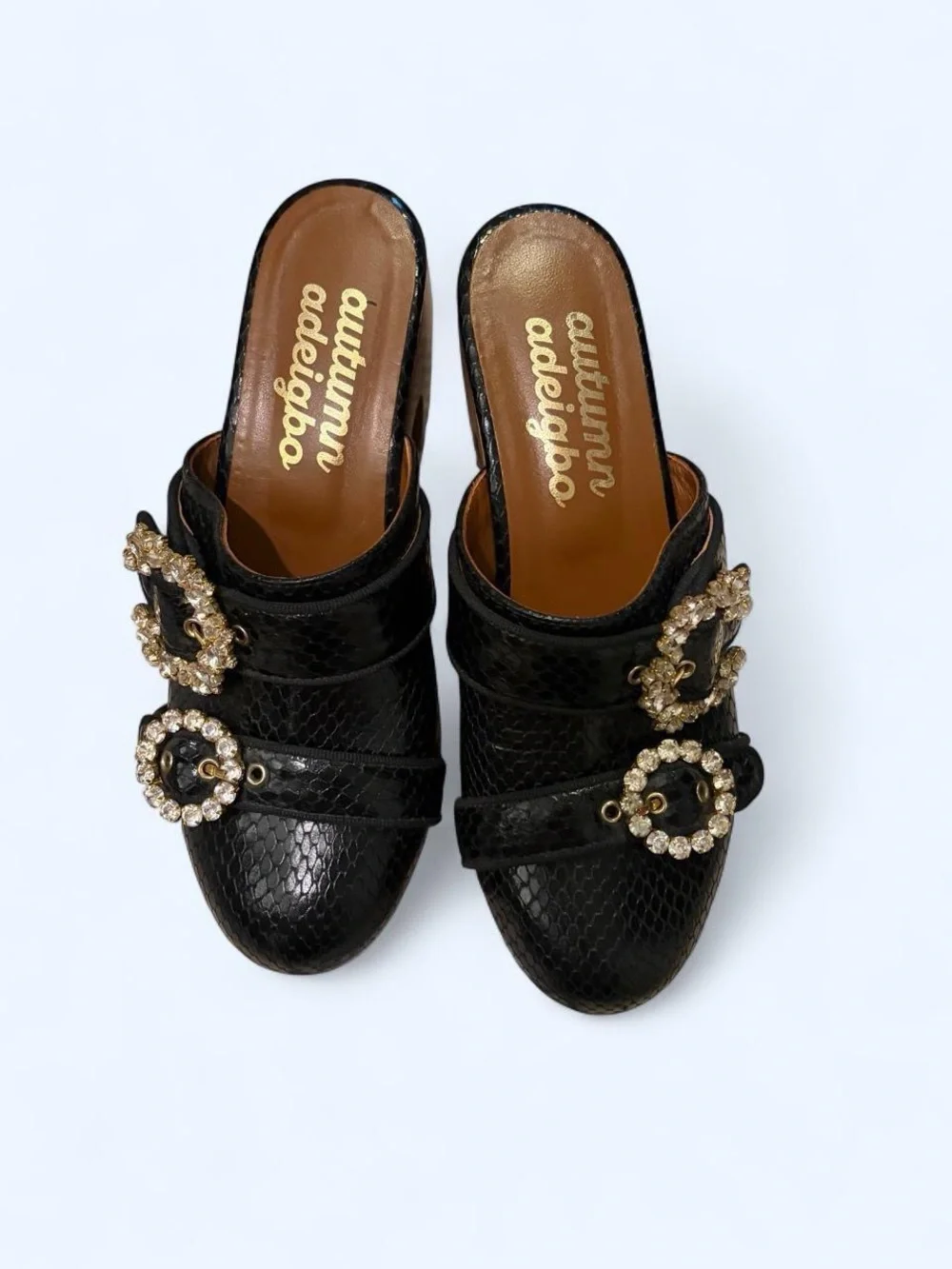 Autumn Adeigbo Black Snakeskin-Effect Clog Mules with Embellished Buckles 36